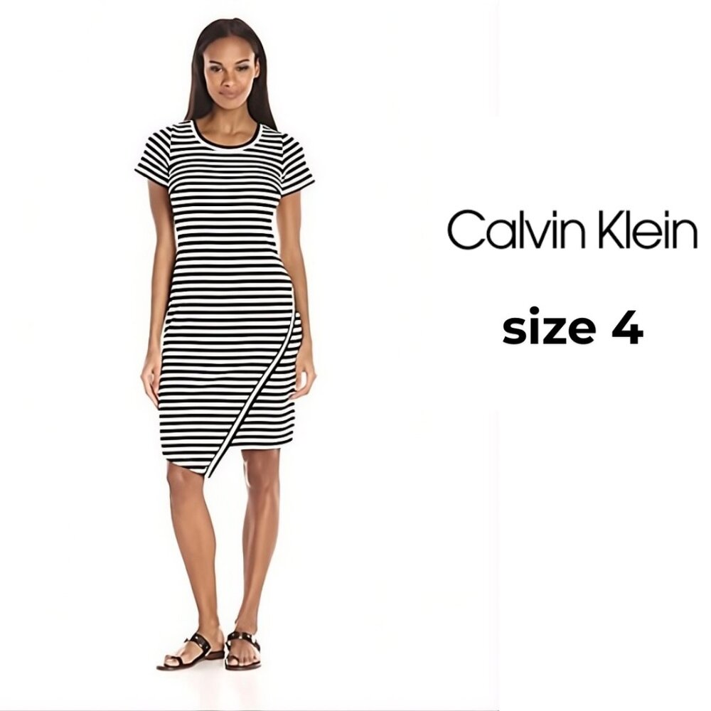 Calvin Klein Asymmetrical Striped Dress in Black and White